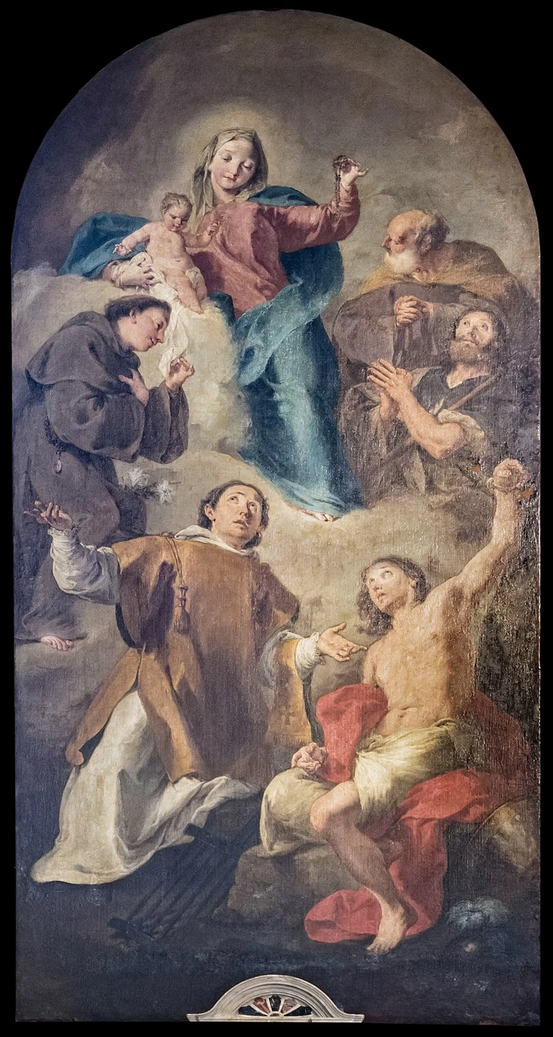 42-La Vergine e il Bambino in gloria con Sant’Antonio, San Giuseppe, San Giacomo, San Lorenzo e San Sebastiano (1764)
